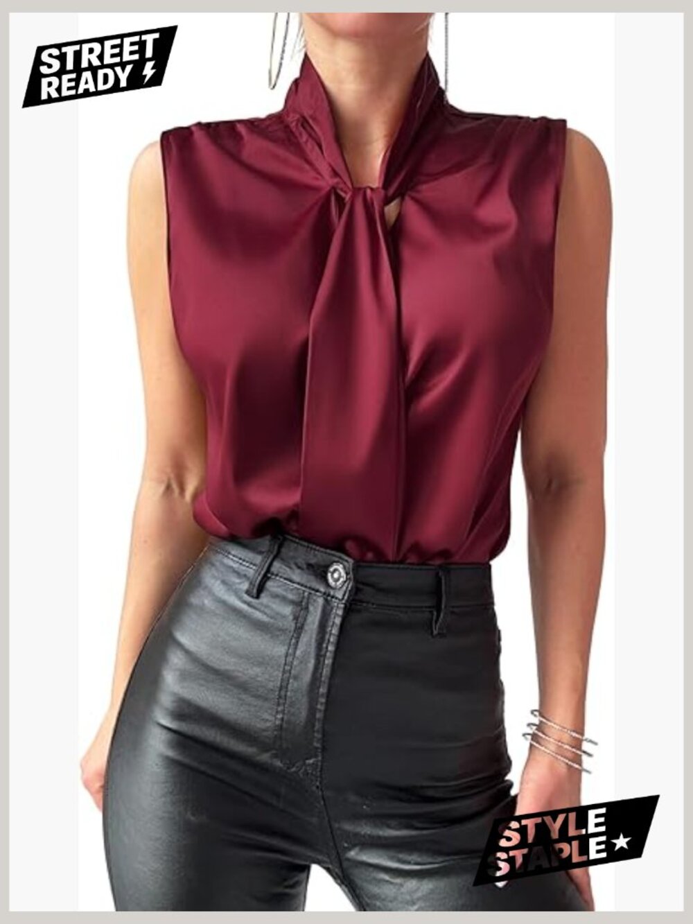 Mock Neck Bow Tie Knot Sleeveless Silk Satin Tank Top Blouse